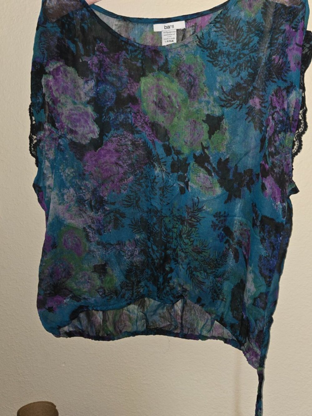 Sheer summer top in subtle colors; Overblouse w lace edged sleeve. Bar III, L
